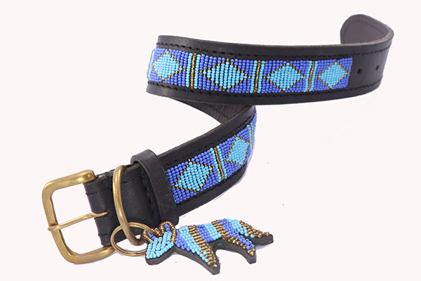 "Rafiki Blue" Leather Beaded Dog Collars