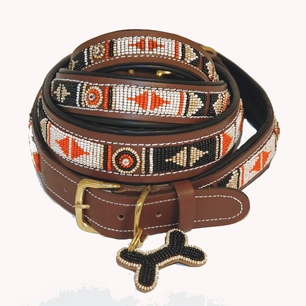 "Swahili" Luxury Tan Leather Beaded Dog Collars