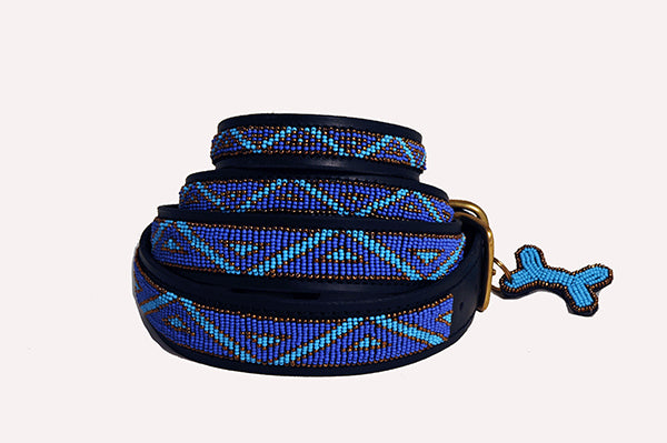 Load image into Gallery viewer, &amp;quot;Kabaka Blue&amp;quot; Leather Beaded Dog Collars
